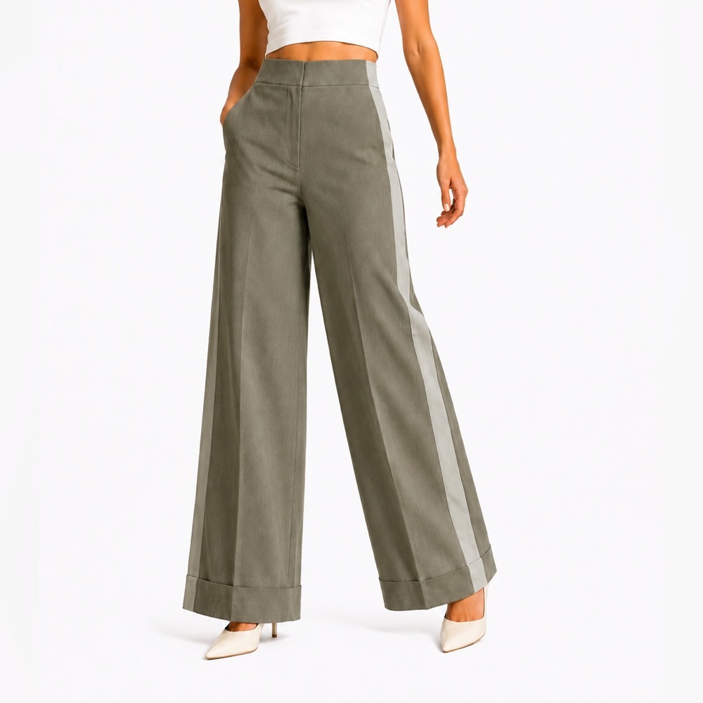 WE-AR4 M Pinstripe Contrast Panel Tuxedo Trousers High Waist Wide Leg Pants NEW
